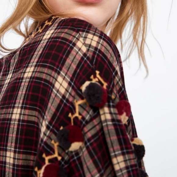 Zara plaid boho Pom Pom mini dress with embroidery - Picture 4 of 10